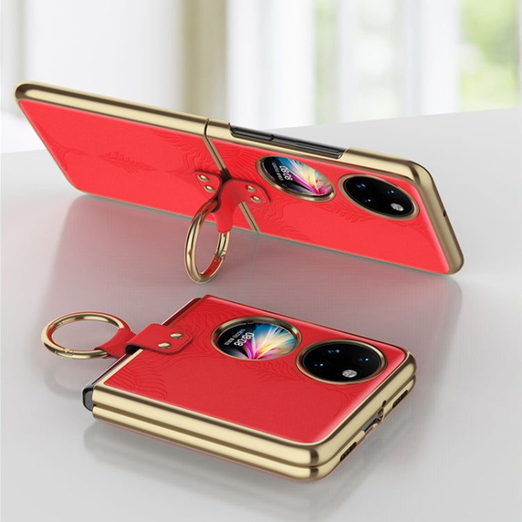 For Huawei P50 Pocket Electroplated Embossed Leather Phone Case with Ring(Red) - Huawei Cases by buy2fix | Online Shopping UK | buy2fix