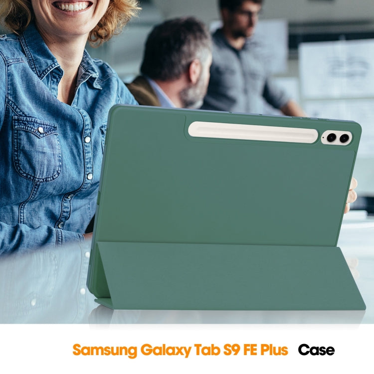 For Samsung Galaxy Tab S9 FE+ / S10+ 3-Fold Pure Color TPU Smart Leather Tablet Case with Pen Slot(Dark Green) by buy2fix
