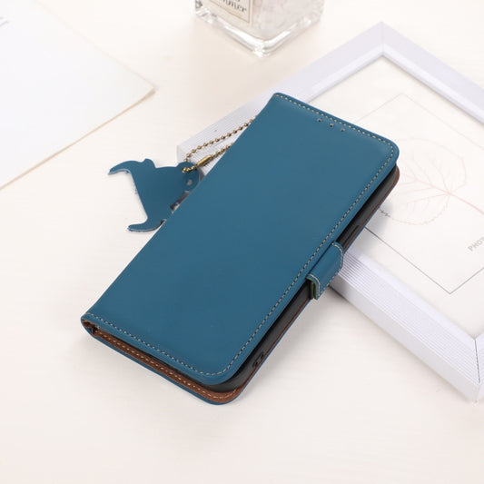 For Motorola Moto G34 Genuine Leather Magnetic RFID Leather Phone Case(Blue) - Motorola Cases by buy2fix | Online Shopping UK | buy2fix