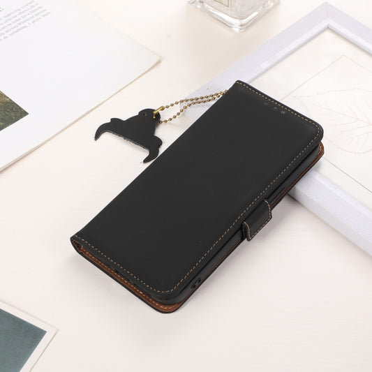 For Motorola Moto G64 5G Genuine Leather Magnetic RFID Leather Phone Case(Black) - Motorola Cases by buy2fix | Online Shopping UK | buy2fix