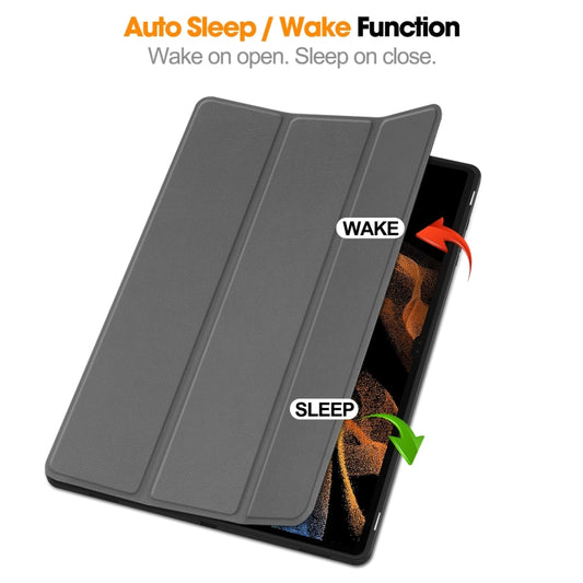 For Samsung Galaxy Tab S10 Ultra / S9 Ultra 3-Fold Pure Color TPU Smart Leather Tablet Case with Pen Slot(Grey) by buy2fix