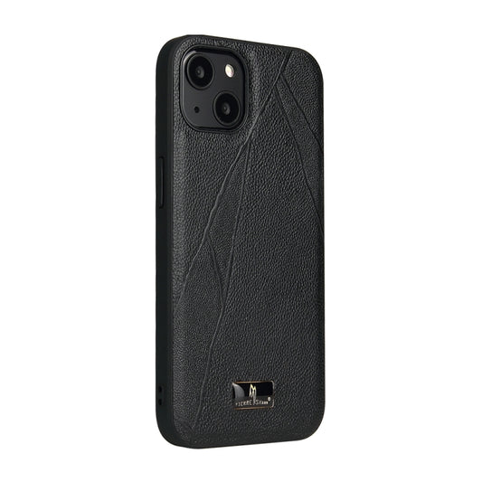 For iPhone 15 Plus Fierre Shann Leather Texture Phone Back Cover Case(Ox Tendon Black) - iPhone 15 Plus Cases by FIERRE SHANN | Online Shopping UK | buy2fix