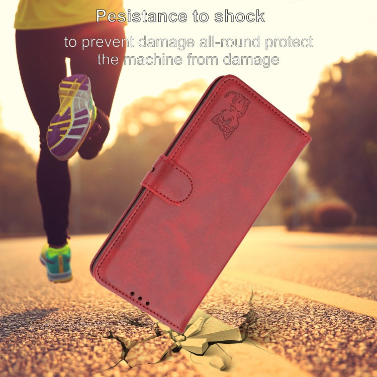 For iPhone 16 Embossed Happy Cat Pattern Flip Leather Phone Case(Red) by buy2fix