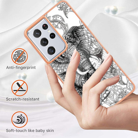 For Samsung Galaxy S21 Ultra 5G Electroplating Marble Dual-side IMD Phone Case(Totem Elephant) by buy2fix