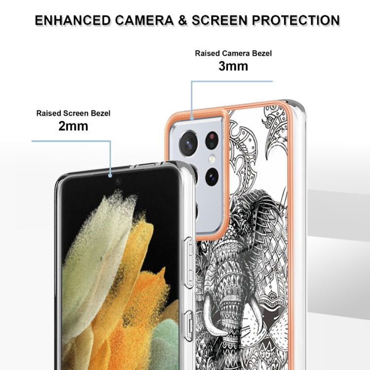 For Samsung Galaxy S21 Ultra 5G Electroplating Marble Dual-side IMD Phone Case(Totem Elephant) by buy2fix