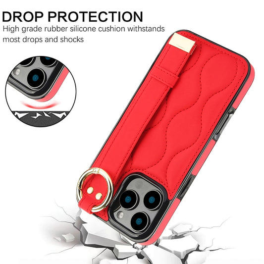 For iPhone 16 Pro Max Non-slip Full Coverage Ring PU Phone Case with Wristband(Red) by buy2fix