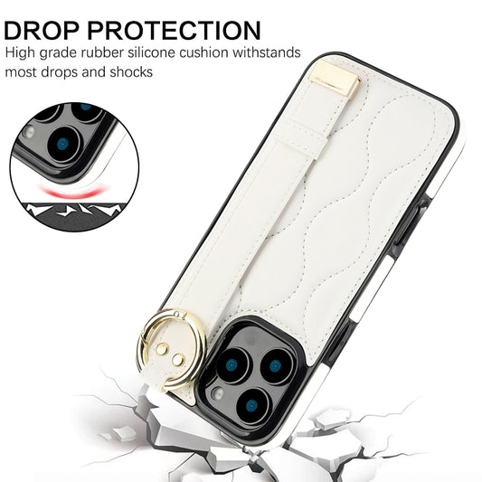 For iPhone 16 Pro Max Non-slip Full Coverage Ring PU Phone Case with Wristband(White) by buy2fix