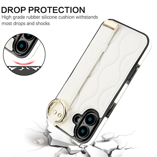 For iPhone 16 Plus Non-slip Full Coverage Ring PU Phone Case with Wristband(White) by buy2fix