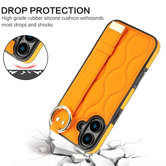 For iPhone 16 Plus Non-slip Full Coverage Ring PU Phone Case with Wristband(Orange) by buy2fix