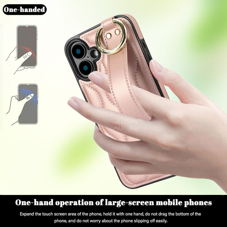 For iPhone 16 Non-slip Full Coverage Ring PU Phone Case with Wristband(Rose Gold) by buy2fix
