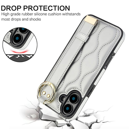 For iPhone 16 Non-slip Full Coverage Ring PU Phone Case with Wristband(Silver) by buy2fix