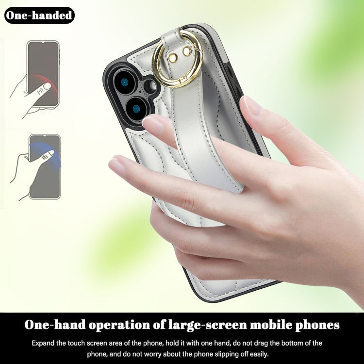 For iPhone 16 Non-slip Full Coverage Ring PU Phone Case with Wristband(Silver) by buy2fix