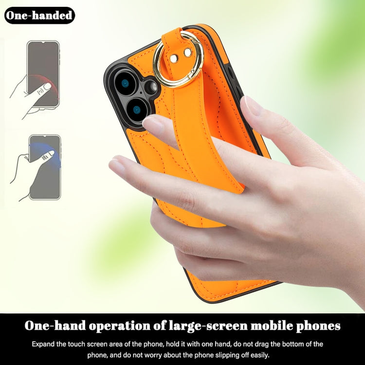 For iPhone 16 Non-slip Full Coverage Ring PU Phone Case with Wristband(Orange) by buy2fix