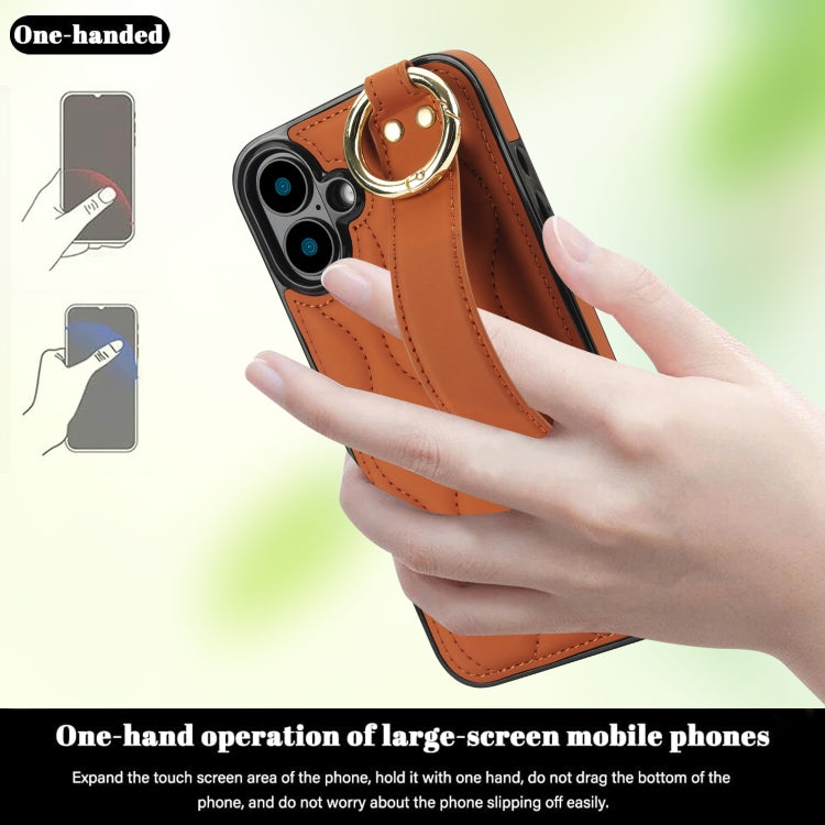 For iPhone 16 Non-slip Full Coverage Ring PU Phone Case with Wristband(Brown) by buy2fix
