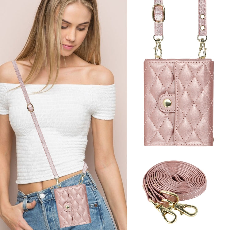 For Samsung Galaxy Z Flip5 Rhombic Texture Card Bag PU Phone Case with Long Lanyard(Rose Gold) - Galaxy Z Flip5 Cases by buy2fix | Online Shopping UK | buy2fix