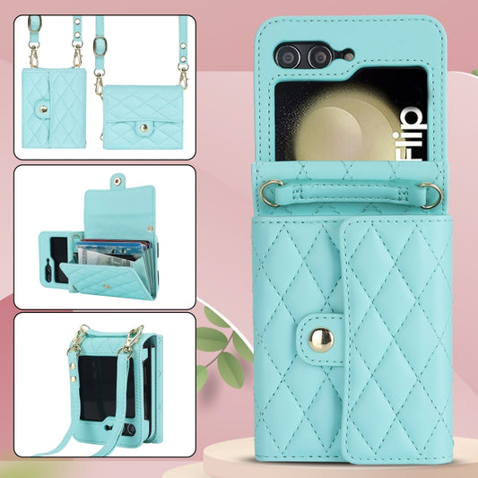 For Samsung Galaxy Z Flip7 FE / Flip6 Rhombic Texture Card Bag PU Phone Case with Long Lanyard(Mint Green) - Galaxy Z Flip6 5G Cases by buy2fix | Online Shopping UK | buy2fix