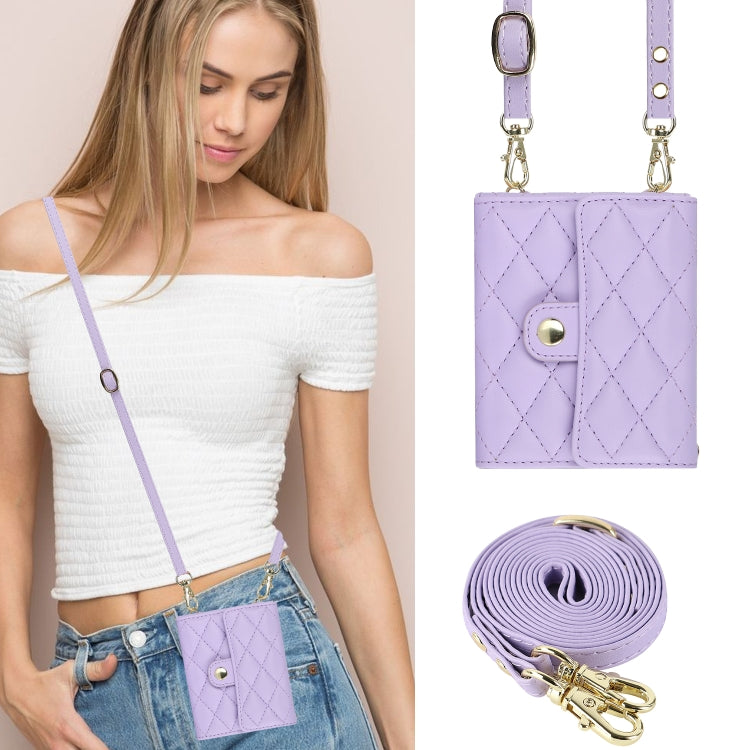 For Samsung Galaxy Z Flip6 Rhombic Texture Card Bag PU Phone Case with Long Lanyard(Purple) - Galaxy Z Flip6 5G Cases by buy2fix | Online Shopping UK | buy2fix