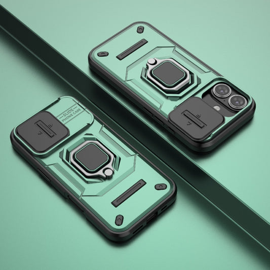 For iPhone 16 Sliding Camshield TPU + PC Shockproof Phone Case with Holder(Green) by buy2fix