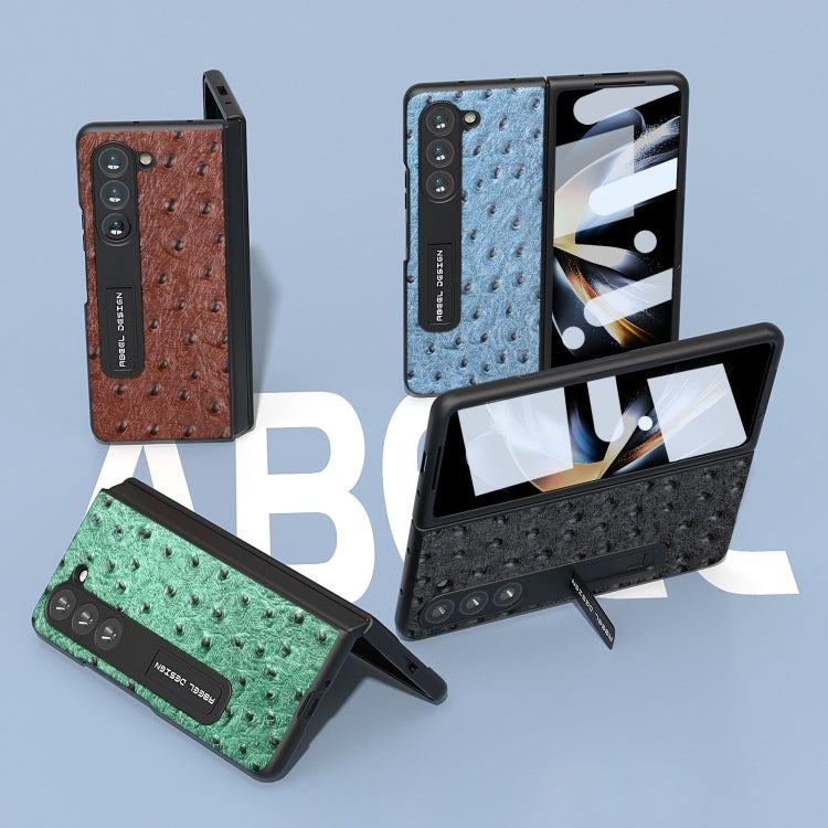 For Samsung Galaxy Z Fold5 Integrated Genuine Leather Ostrich Texture Phone Case with Holder(Blue) - Galaxy Z Fold5 Cases by buy2fix | Online Shopping UK | buy2fix