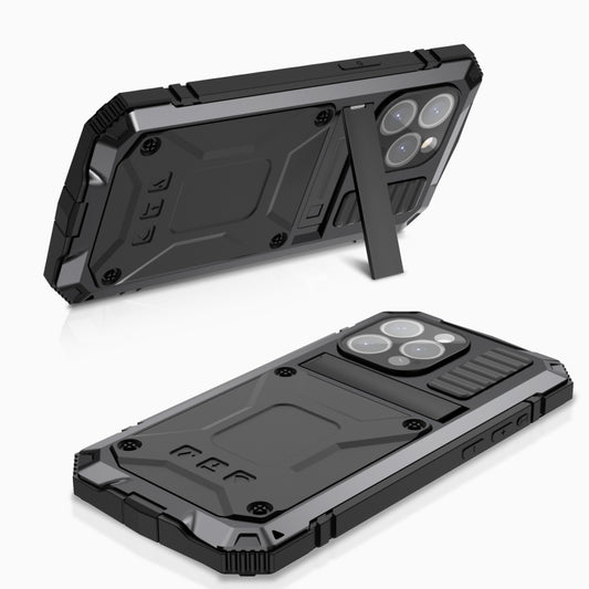 For iPhone 15 Pro Max R-JUST Shockproof Life Waterproof Dust-proof Metal + Silicone Phone Case with Holder(Black) by R-JUST