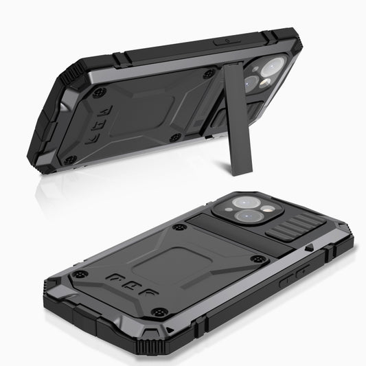 For iPhone 15 R-JUST Shockproof Life Waterproof Dust-proof Metal + Silicone Phone Case with Holder(Black) by R-JUST