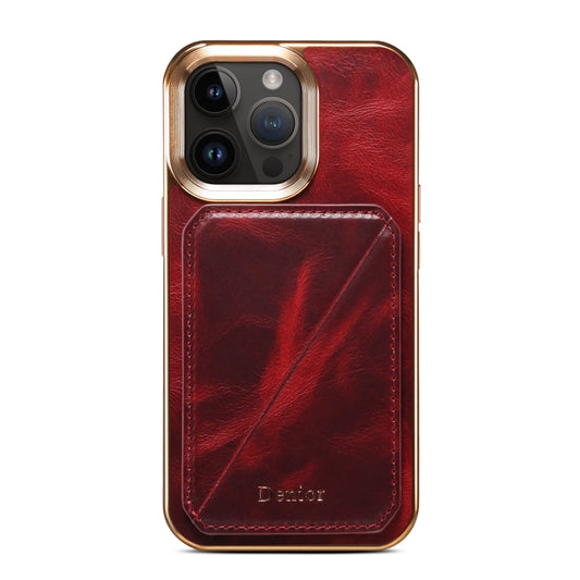 For iPhone 14 Pro Denior Oil Wax Leather Electroplating Card Slot Holder Phone Case(Red) - iPhone 14 Pro Cases by Denior | Online Shopping UK | buy2fix
