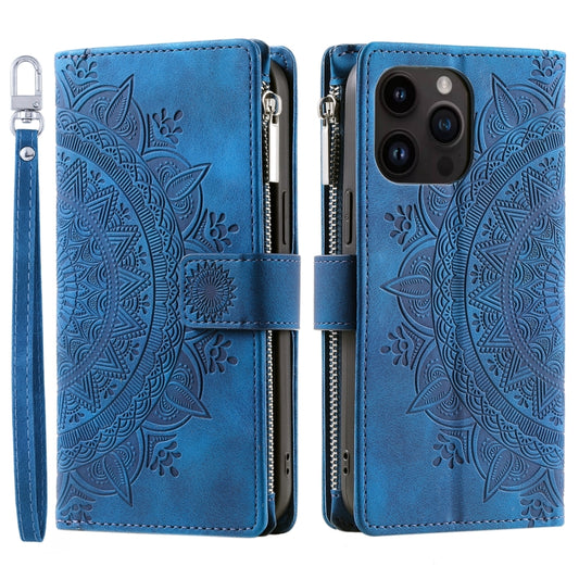 For iPhone 16 Plus Multi-Card Totem Zipper Leather Phone Case(Blue) by buy2fix