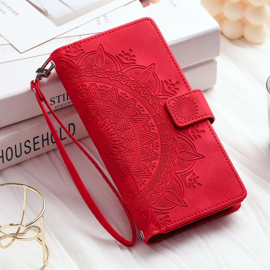 For iPhone 16 Plus Multi-Card Totem Zipper Leather Phone Case(Red) by buy2fix