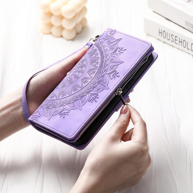 For iPhone 16e Multi-Card Totem Zipper Leather Phone Case(Purple) - iPhone 16e Cases by buy2fix | Online Shopping UK | buy2fix
