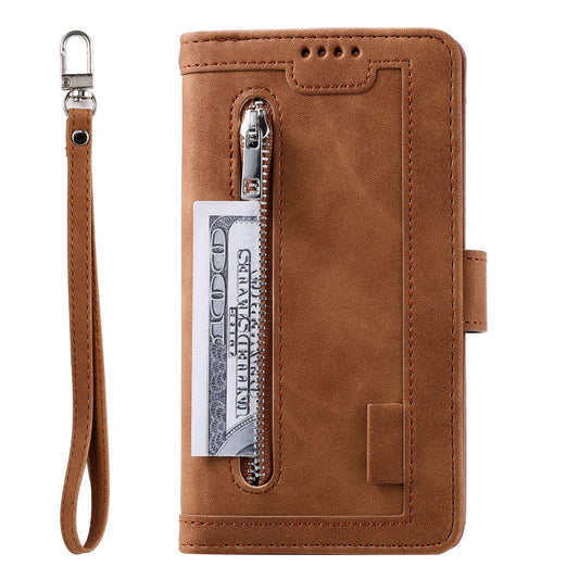 For iPhone 16 Pro Nine Card Zipper Bag Leather Phone Case with Lanyard(Brown) by buy2fix