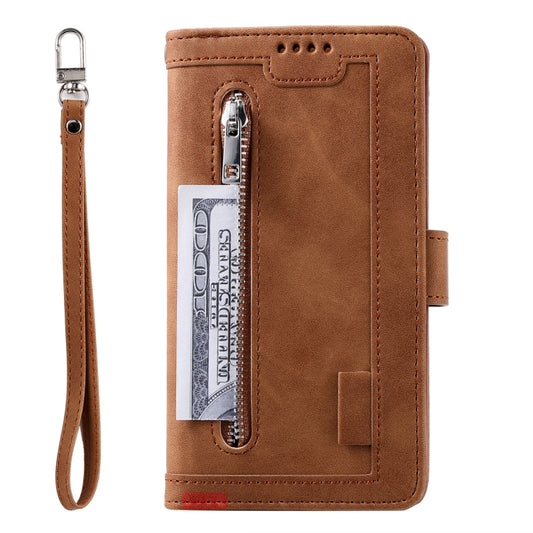 For iPhone 16 Nine Card Zipper Bag Leather Phone Case with Lanyard(Brown) by buy2fix