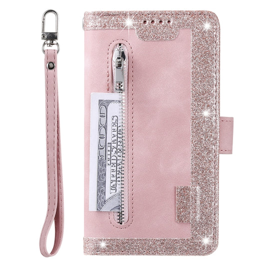For iPhone 16 Nine Card Zipper Bag Leather Phone Case with Lanyard(Pink) by buy2fix