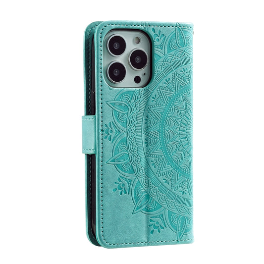 For iPhone 16 Pro Totem Flower Embossed Leather Phone Case(Green) by buy2fix