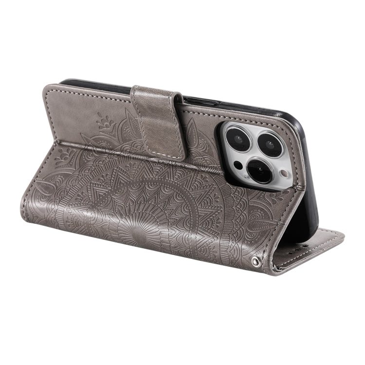 For iPhone 16 Pro Totem Flower Embossed Leather Phone Case(Grey) by buy2fix