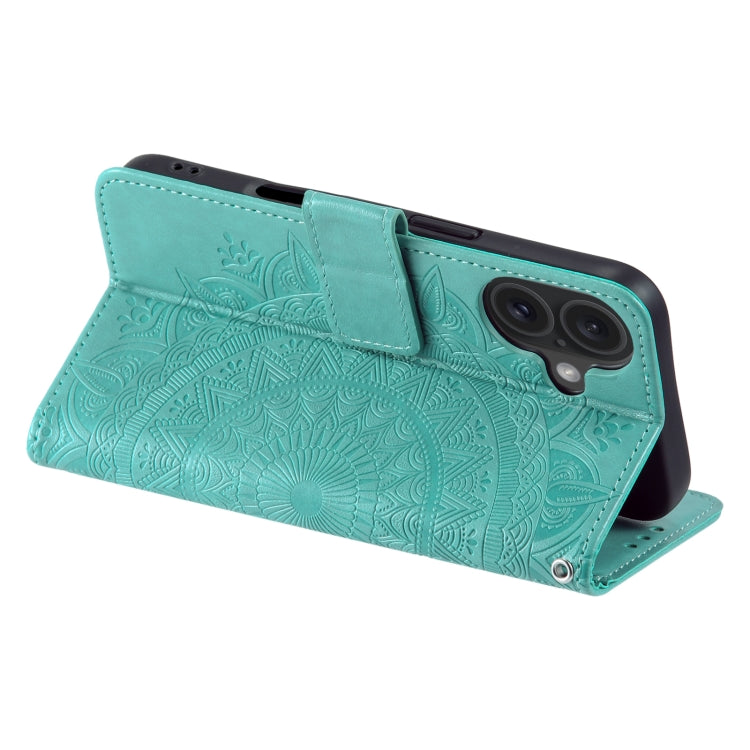 For iPhone 16 Totem Flower Embossed Leather Phone Case(Green) by buy2fix