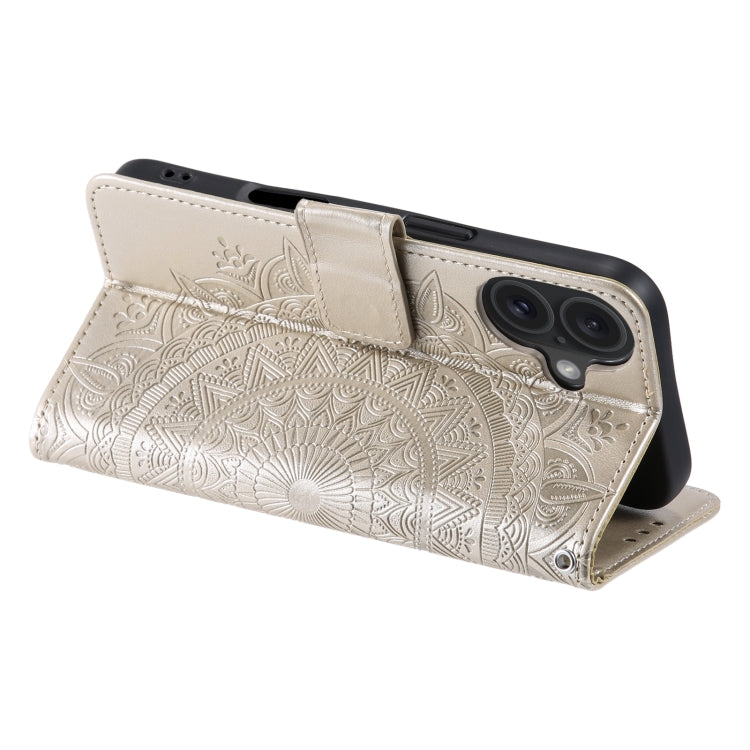 For iPhone 16 Totem Flower Embossed Leather Phone Case(Gold) by buy2fix