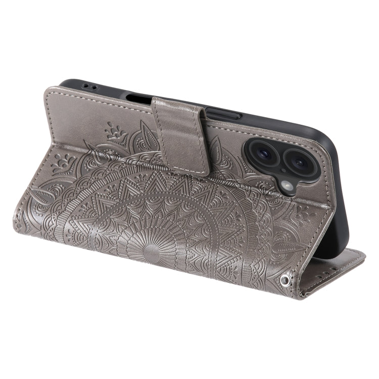 For iPhone 16 Totem Flower Embossed Leather Phone Case(Grey) by buy2fix