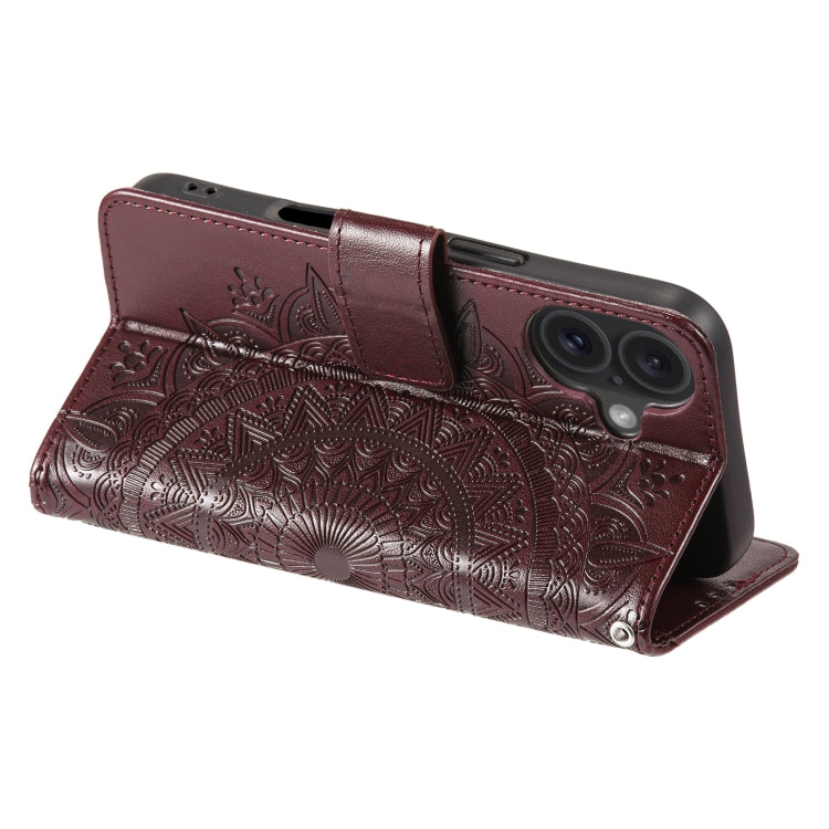 For iPhone 16 Totem Flower Embossed Leather Phone Case(Brown) by buy2fix
