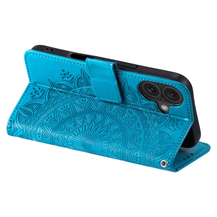 For iPhone 16 Totem Flower Embossed Leather Phone Case(Blue) by buy2fix