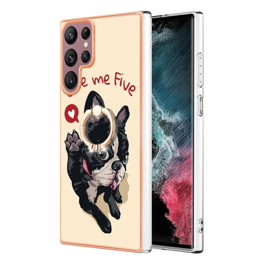 For Samsung Galaxy S22 Ultra 5G Electroplating Dual-side IMD Phone Case with Ring Holder(Lucky Dog) by buy2fix