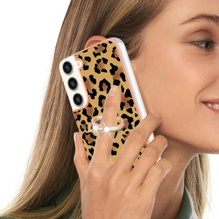 For Samsung Galaxy S22+ 5G Electroplating Dual-side IMD Phone Case with Ring Holder(Leopard Print) by buy2fix