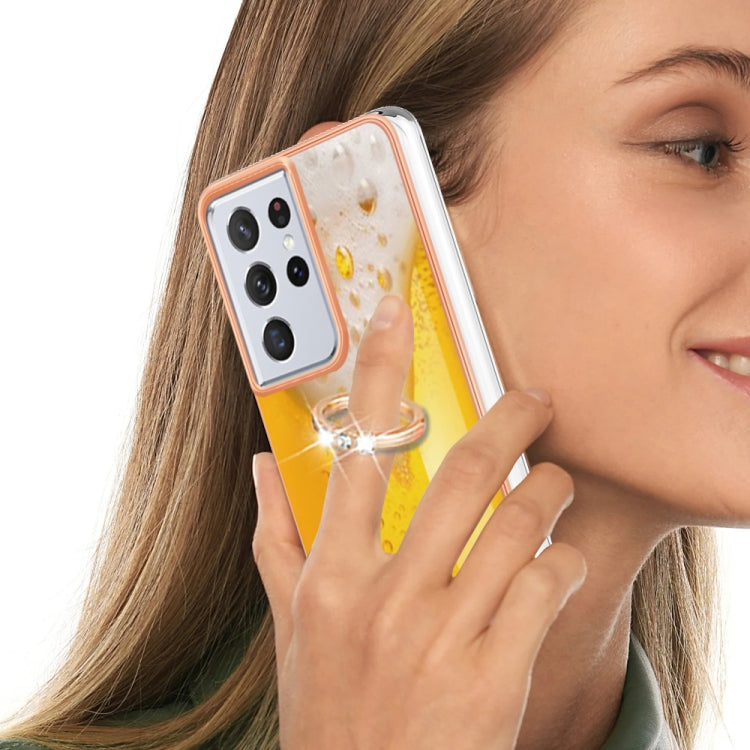 For Samsung Galaxy S21 Ultra 5G Electroplating Dual-side IMD Phone Case with Ring Holder(Draft Beer) by buy2fix