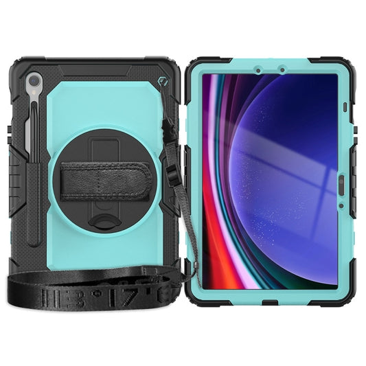 For Samsung Galaxy Tab S9 / S9 FE / S10 FE Lucky Wheel Grip Silicone Hybrid PC Tablet Case with Shoulder Strap(Black+Light Blue) by buy2fix