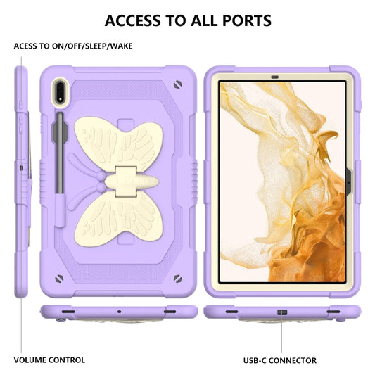 For Samsung Galaxy Tab S9 Butterfly Kickstand Heavy Duty Hard Rugged Tablet Case(Beige+Raro Purple) by buy2fix