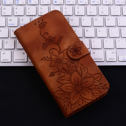 For iPhone 16e Lily Embossed Leather Phone Case(Brown) by buy2fix