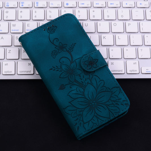 For iPhone 16e Lily Embossed Leather Phone Case(Dark Blue) by buy2fix