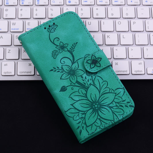 For iPhone 16 Lily Embossed Leather Phone Case(Green) by buy2fix
