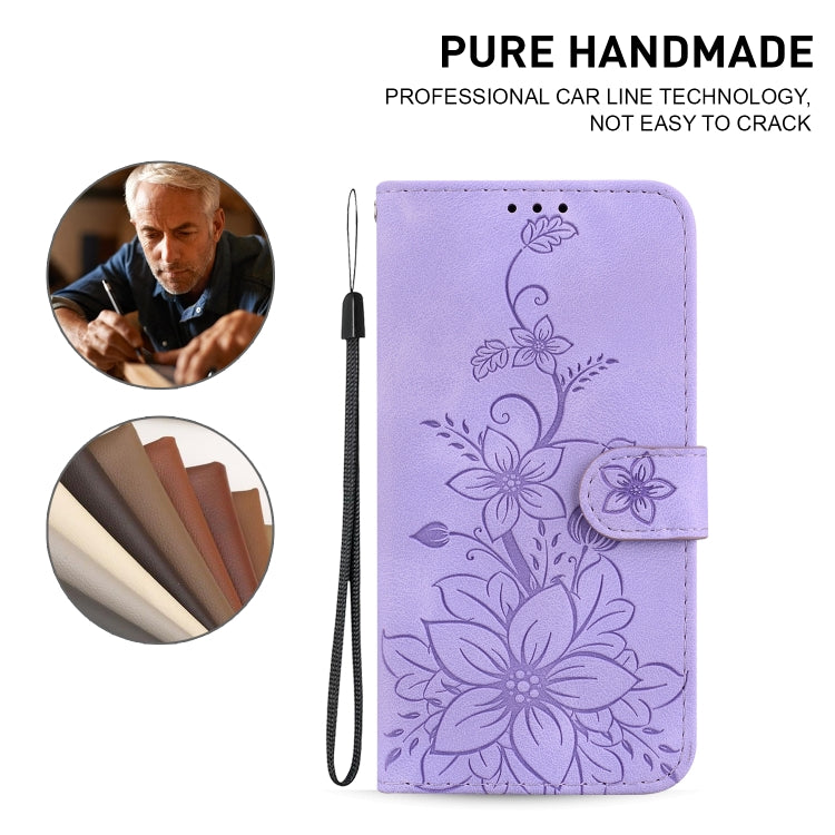 For iPhone 16 Lily Embossed Leather Phone Case(Purple) by buy2fix