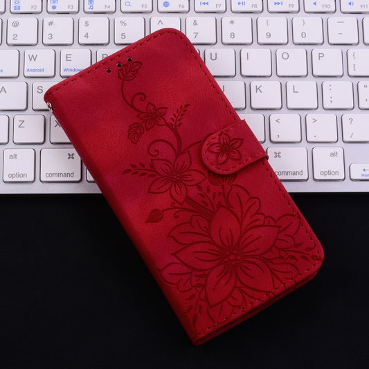 For iPhone 16 Lily Embossed Leather Phone Case(Red) by buy2fix