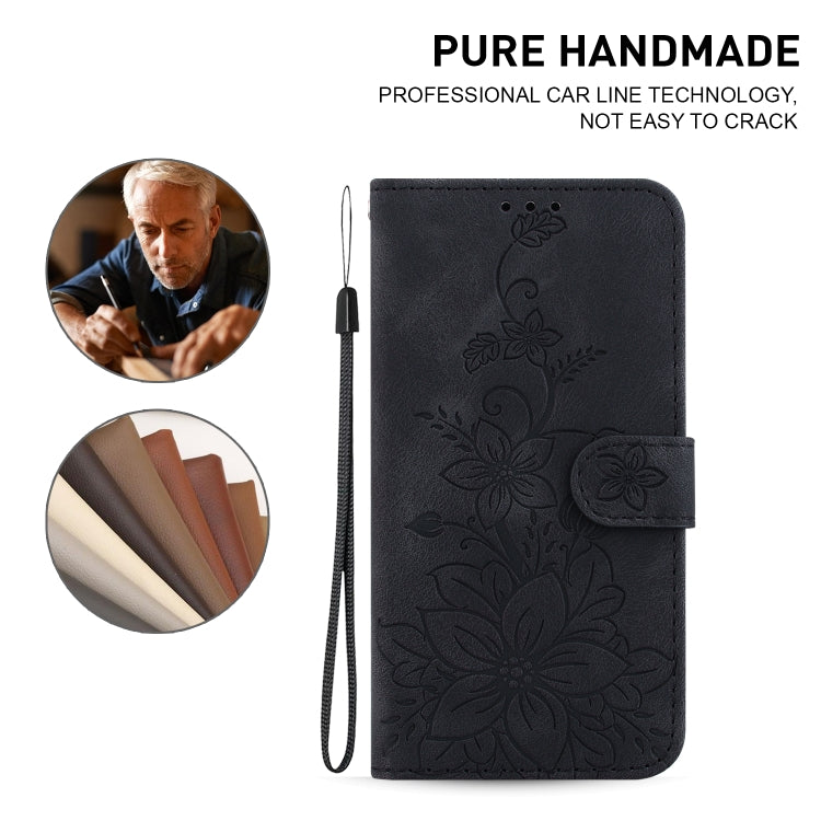 For iPhone 16 Lily Embossed Leather Phone Case(Black) by buy2fix
